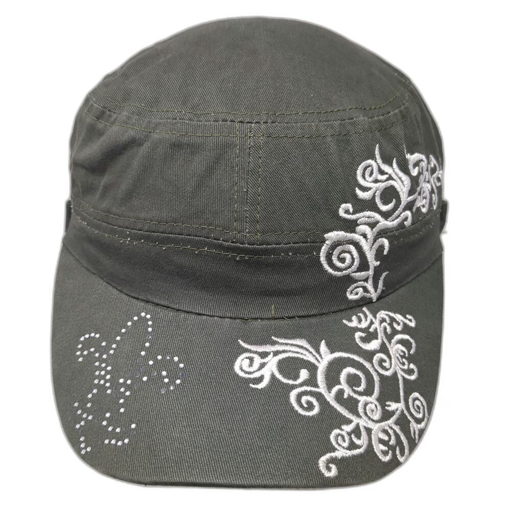 Tickled Pink Green Army Cap OSFM Floral Embroidery Fleur-de-lis Rhinestone Hat